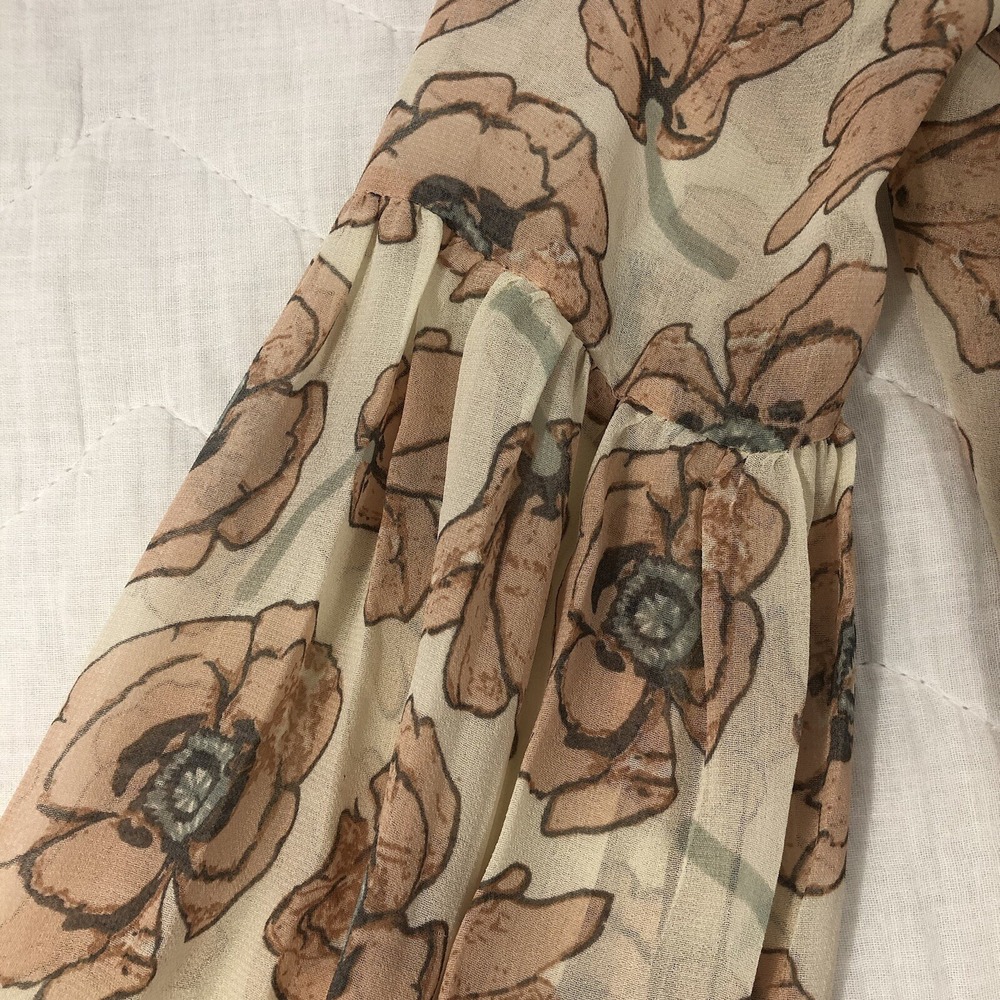 Lucky Brand Top Womens XS Floral Tan Pink Blush Peasant Bell Sleeve Sheer NWT - Picture 5 of 16